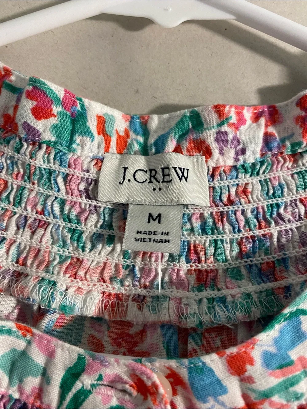 J. Crew Linen Blend Pink and Green Floral Smocked Button-Front Blouse